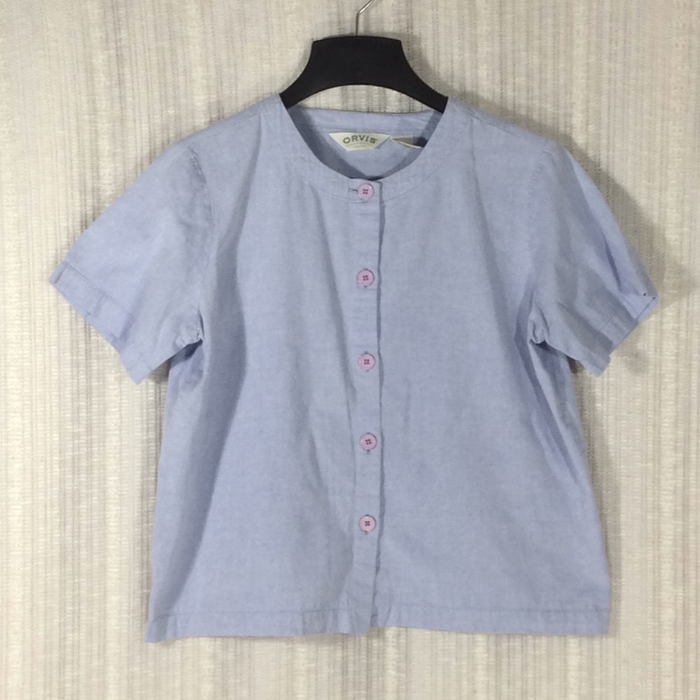 Orvis 100% Cotton Short Sleeve Button Down Collarless  Shirt Light Blue Medium